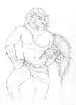  :&lt; armor athletic balls barely_visible_genitalia bracers clothing feline front_view greyscale helmet holding_object lion looking_at_viewer male mammal mane monochrome navel neverwolf pecs pencil_(artwork) skirt solo step_pose traditional_media_(artwork) warrior whiskers 