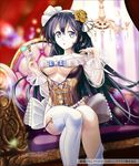  :o bangs bare_shoulders black_hair blue_eyes bottle bow breasts chair chandelier collarbone copyright_name corset curtains feet_out_of_frame flower garter_straps hair_between_eyes hair_flower hair_ornament hair_ribbon holding kuroi large_breasts long_hair looking_at_viewer official_art perfume_bottle ribbon see-through senjou_no_electro_girl sitting solo sparkle thighhighs underboob white_bow white_legwear 
