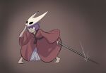  1girl azanny brown_background character_mask closed_mouth commentary cosplay glint hashtag-only_commentary highres holding holding_needle hollow_knight hornet_(hollow_knight) hornet_(hollow_knight)_(cosplay) japanese_clothes kimono long_sleeves mask mask_on_head needle needle_sword obi purple_eyes purple_hair red_kimono sash smile solo sukuna_shinmyoumaru touhou white_mask wide_sleeves 