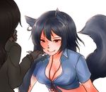  animal_ears bad_id bad_pixiv_id black_hair breasts brown_hair claws cleavage fang large_breasts long_hair lyca_(monster_musume) monster_girl monster_musume_no_iru_nichijou monster_musume_no_iru_nichijou_online multiple_girls red_eyes shirt simple_background smile snout tail tana_(tana_chi35) tied_shirt werewolf white_background wolf_ears wolf_girl wolf_paws wolf_tail 