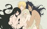  2girls abs after_sex black_hair blonde_hair blush boy_sandwich breasts commentary_request dark_skin eizen_(tales) elf girl_sandwich harem hug long_hair looking_at_viewer magilou_(tales) medium_breasts multiple_boys multiple_girls nipples nude pointy_ears rokurou_rangetsu sandwiched sleeping small_breasts spooning tales_of_(series) tales_of_berseria tusia velvet_crowe very_long_hair 