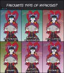 absurd_res armor armwear bedroom_eyes belt big_breasts black_hair blue_eyes bodily_fluids body_control bored bottomwear bracers breast_squish breasts canid canine canis caption chart clothing confusion dialogue drooling emotionless female fishnet_armwear fishnet_clothing fishnet_topwear flashing fool&#039;s_hat forced fur gloves grey_body grey_fur hair hand_under_breast handwear hat headgear headwear heart_eyes heart_symbol hi_res hypnosis internal_dialogue inverted_nipples jester lantern_sleeves long_hair mammal markings mind_control narrowed_eyes nipples no_pupils panicking presenting presenting_breasts purple_armwear purple_bottomwear purple_clothing purple_topwear question_mark red_armwear red_clothing red_markings red_topwear saliva seductive smile solo squish thoughts topwear wolf zara_(zaraunitymasters) zaraunitymasters