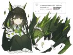  1girl ? ahoge alternate_costume apron arknights asymmetrical_sidelocks black_bow black_bowtie black_dress black_hair bow bowtie closed_mouth collared_dress colored_inner_hair crystal_horns dot_nose dress enmaided expressionless frilled_apron frilled_sleeves frills green_eyes green_hair highres horns huge_ahoge kal'tsit_(arknights) long_hair long_sleeves looking_at_viewer maid maid_apron maid_headdress mon3tr_(arknights) mon3tr_(summon)_(arknights) multicolored_hair seri_(vyrlw) sidelocks simple_background sleeves_past_fingers sleeves_past_wrists stethoscope stethoscope_around_neck stuffed_toy translation_request upper_body white_apron white_background 