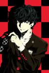  absurdres amamiya_ren arizuka_(catacombe) black black_hair checkered checkered_background eyewear_removed glasses grey_eyes highres holding holding_eyewear looking_at_viewer male_focus messy_hair multicolored multicolored_background persona persona_5 school_uniform shuujin_academy_uniform smile solo turtleneck upper_body 