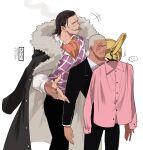  2boys absurdres ascot black_coat black_hair black_jacket black_pants cigar coat crocodile_(one_piece) daz_bones earrings fur-trimmed_coat fur_trim highres hook_hand jacket jewelry long_sleeves male_focus mature_male multiple_boys multiple_rings ngumngim one_piece orange_ascot pants pink_shirt purple_vest ring scar scar_on_face shirt simple_background smoking stitched_face stitches upper_body vest white_background 