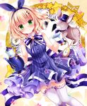  blonde_hair bunny cup dress frilled_dress frills gochuumon_wa_usagi_desu_ka? green_eyes hair_ornament holding kirima_sharo looking_at_viewer nogi_takayoshi pocket_watch purple_dress smile solo teacup thighhighs watch white_legwear 