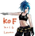  blue_eyes blue_hair breasts cleavage crop_top earrings gloves highres jewelry k.c large_breasts leona_heidern long_hair midriff navel ponytail solo tank_top the_king_of_fighters the_king_of_fighters_xiii 