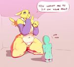  blue_eyes breasts dialogue digimon female kneeling male male/female morpp pussy renamon size_difference text 