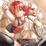  1girl ahoge arashi_(kantai_collection) black_legwear blouse gloves heavy_breathing holding_hands implied_sex kantai_collection kerchief looking_at_viewer messy_hair navel one_eye_closed out_of_frame pillow pillow_grab pleated_skirt pov pov_hands red_hair short_hair skirt solo_focus spread_legs sweat tears thighhighs vest wa_(kuroirokedama) white_gloves wince 