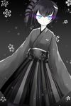  ancient_destroyer_oni black_hair bunnyjiry_(jirynyang) drill_hair floral_background glowing glowing_eyes gradient gradient_background grey_background hakama highres japanese_clothes kantai_collection mole mole_under_eye purple_eyes shinkaisei-kan side_ponytail solo white_skin 