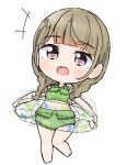  +_+ 1girl barefoot bikini blunt_bangs braid brown_hair chibi chibi_only commentary frilled_innertube green_bikini hair_ornament hairclip highres kachimachi_kosuzu kachimachi_kosuzu_(c106_swimsuit) leg_up link!_like!_love_live! long_hair love_live! low_twin_braids official_alternate_costume open_mouth parallel_hairclips pink_eyes pinstripe_bikini simple_background solo swimsuit symbol-only_commentary tazaki_masanobu transparent_innertube twin_braids virtual_youtuber white_background 