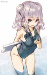  absurdres alternate_costume arm_behind_back blue_eyes breasts collarbone competition_swimsuit covered_navel grey_hair highres holding in_swimsuit kantai_collection kashima_(kantai_collection) katoroku leaning_forward medium_breasts one-piece_swimsuit ripples sketch solo standing stopwatch swim_cap swim_cap_removed swimsuit twintails twitter_username wading watch white_background 