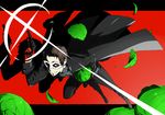  adachi_tooru amamiya_ren amamiya_ren_(cosplay) arizuka_(catacombe) black_hair cabbage cosplay domino_mask gun highres holding holding_weapon letterboxed looking_at_viewer male_focus mask persona persona_4 persona_5 red_background red_eyes smile solo weapon 
