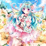  blue_hair flower frilled_skirt frills hair_flower hair_ornament kidatsu!_dungeons_lord long_hair looking_at_viewer midriff navel nogi_takayoshi outdoors pink_skirt pointy_ears purple_eyes skirt smile solo wings 