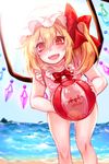  :d ball beachball blonde_hair blurry blush bow bowtie crystal day fangs flandre_scarlet hair_ribbon hat highres leaning_forward lens_flare looking_at_viewer mob_cap ocean one-piece_swimsuit open_mouth red_eyes ribbon shan short_hair side_ponytail sky smile solo sunlight swimsuit touhou transparent water wings 