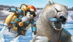  andrea_radeck armor avian beak bear bird eyes_closed eyewear fight goggles helmet ice jet_pack mammal outside parody pauldron penguin polar_bear punch signature snarling tongue tongue_out 