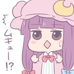  1girl :&lt;&gt; batta_(ijigen_debris) blush_stickers bow chibi crescent crescent_hair_ornament dress eyebrows eyebrows_visible_through_hair hair_bow hair_ornament hat long_hair mob_cap mukyuu pajamas patchouli_knowledge purple_eyes purple_hair simple_background solo square_mouth striped striped_dress sweatdrop text_focus touhou translated white_background 