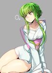  bare_legs bare_shoulders c.c. code_geass commentary_request cosplay creayus green_hair grey_background japanese_clothes jigoku_sensei_nube kimono sash short_hair_with_long_locks simple_background sitting solo twitter_username yellow_eyes yukime_(jigoku_sensei_nube) yukime_(jigoku_sensei_nube)_(cosplay) 