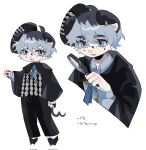  1boy animal_feet blue_eyes blue_hair deformed detective dilnyan03 english_commentary full_body furry furry_male highres holding holding_magnifying_glass hooves magnifying_glass male_focus multiple_views original pig_boy short_hair sideways_hat simple_background tail white_background 