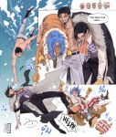  3boys absurdres alvida_(one_piece) ascot asphyxiation beard black_hair black_pants buggy_the_clown chinstrap_beard cigar clown_nose coat coat_on_shoulders commentary crocodile_(one_piece) daz_bones dracule_mihawk drowning english_commentary facial_hair galdino highres hook_hand long_hair male_focus multiple_boys mustache ngumngim one_piece orange_ascot orange_coat pants purple_vest short_hair striped_clothes striped_pants swimming toned toned_male topless_male underwater vest 