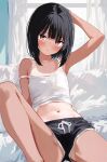  1girl absurdres black_hair black_shorts blush bob_cut_girl_(memekko) camisole closed_mouth commentary_request feet_out_of_frame flat_chest highres looking_at_viewer medium_hair memekko navel one-piece_tan original red_eyes short_shorts shorts sitting solo strap_slip tan tanlines white_camisole 