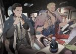  3boys absurdres animal_on_shoulder black_gloves black_hair black_necktie blonde_hair book bottle brown_pants cat cat_on_shoulder cigar crocodile_(one_piece) donquixote_doflamingo dracule_mihawk driving earrings eye_mask feather_boa gloves hair_slicked_back highres jewelry lighting_cigar male_focus multiple_boys multiple_rings necktie ngumngim one_piece open_mouth pants pectoral_cleavage pectorals red_pants ring short_hair single_glove sitting sleeping sleeping_upright stitched_face stitches thai_commentary tinted_eyewear vehicle_interior watch wristwatch 