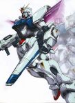  1990s_(style) afterimage beam_cannon beam_rifle damaged derivative_work dirty downscaled earth_federation energy_gun f91_gundam flying glowing gundam gundam_f91 highres katoki_hajime machinery mecha mecha_focus mobile_suit no_humans official_art promotional_art resized retro_artstyle robot scan science_fiction v-fin weapon white_background 