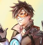  breasts brown_hair ear_piercing gloves goggles highres jacket large_breasts overwatch piercing smile solo tracer_(overwatch) yaya_(shizuku) yellow_background 
