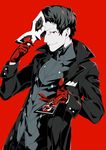  absurdres adachi_tooru amamiya_ren amamiya_ren_(cosplay) arizuka_(catacombe) black_hair cosplay gloves highres looking_at_viewer male_focus mask mask_removed parted_lips persona persona_4 persona_5 red_background red_eyes red_gloves simple_background smile solo tarot trench_coat 