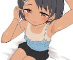  1girl adjusting_hair arm_up armpits black_hair black_skirt blue_shirt blush breasts brown_hair collarbone dot_nose hair_ornament hairclip idolmaster idolmaster_cinderella_girls idolmaster_cinderella_girls_u149 looking_at_viewer no_bra off_shoulder one-piece_tan open_mouth pleated_skirt sasaki_chie shirt short_hair sitting skirt sleeveless sleeveless_shirt small_breasts solo sweat takku tan tanlines 