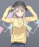 adjusting_clothes adjusting_hat bangs belt blush brown_hair denim hair_ribbon hat highres jeans jewelry long_hair long_sleeves looking_at_viewer love_live! love_live!_school_idol_project minami_kotori necklace one_side_up orange_eyes pants ribbon sleeves_past_wrists smile solo sweater yellow_sweater yohan1754 