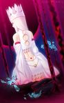  artist_name back backless_dress backless_outfit bird chain crown detached_sleeves dress dress_of_heaven fate/grand_order fate_(series) from_behind highres irisviel_von_einzbern irisviel_von_einzbern_(caster) long_hair red_eyes rimuu solo white_dress white_hair 