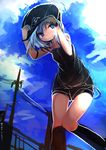  blue_eyes blue_hair character_request female hat highres kamindani kantai_collection outdoors short_shorts shorts smile solo 