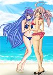  2girls atlus beach bikini breasts character_request female full_body hand_holding interlocked_fingers looking_at_viewer looking_back luminous_arc_2 multiple_girls seraphina swimsuit very_long_hair 