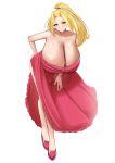  1girl absurdres alternate_breast_size_(larger) alternate_costume amemiya_arikapu bandai bare_arms bare_legs bare_shoulders blonde_hair blue_eyes breasts cleavage closed_mouth collarbone commentary_request commission crisis_beat curtained_hair dress hair_tie hand_on_own_hip hand_on_own_thigh hanging_breasts head_tilt high_ponytail highres huge_breasts julia_jefferson leaning_forward legs long_legs low_neckline off-shoulder_dress off_shoulder parted_bangs pixiv_commission ponytail red_dress red_shoes shiny_skin shoes side_slit simple_background solo white_background 