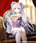  :o bangs bare_shoulders bottle bow breasts chair chandelier collarbone copyright_name corset curtains feet_out_of_frame flower garter_straps hair_between_eyes hair_flower hair_ornament hair_ribbon holding kuroi large_breasts long_hair looking_at_viewer official_art perfume_bottle purple_eyes ribbon see-through senjou_no_electro_girl silver_hair sitting solo sparkle thighhighs underboob white_legwear 