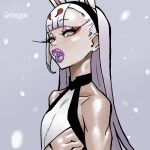  1girl absurdres animal_ears azur_lane bare_shoulders commentary english_commentary flat_chest gremiyun highres lipstick long_eyelashes long_hair looking_at_viewer makeup muscular pale_skin rabbit_ears ribs self-upload shimakaze_(azur_lane) shiny_skin sideways_glance snow snowing white_hair winter yellow_eyes 