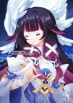  1girl bare_shoulders black_hair blue_petals blue_sky center-flap_bangs choker closed_eyes columbina_(genshin_impact) commentary dress english_commentary eye_mask facing_to_the_side frilled_sleeves frills full_moon genshin_impact gradient_hair hair_flaps hair_over_shoulder hair_ribbon hand_up highres light_particles long_hair long_sleeves low-tied_long_hair moon multicolored_hair night night_sky off-shoulder_dress off_shoulder outdoors parted_lips pink_hair ribbon sandragh sidelocks sky smile solo streaked_hair twitter_username two-tone_hair u_u upper_body very_long_hair watermark white_choker white_dress white_ribbon wide_sleeves 