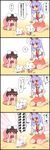  4koma :&lt; =3 absurdres all_fours animal_ears arm_support barefoot blush breasts brown_hair bunny bunny_ears bunny_tail carrot_necklace censored comic commentary_request cosplay dress floppy_ears highres implied_sex inaba_tewi inaba_tewi_(bunny) inaba_tewi_(cosplay) large_breasts lavender_hair lunatic_gun mosaic_censoring multiple_girls necktie pink_dress red_eyes reisen_udongein_inaba reisen_udongein_inaba_(bunny) reisen_udongein_inaba_(cosplay) sex shirosato shirt sitting skirt smile surprised sweat tail touhou translated trembling wariza wavy_mouth 