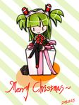  2015 :&gt; beatmania beatmania_iidx busou_shinki christmas crossed_legs dated diagonal_stripes gift green_hair hishimiya_tsugaru joints merry_christmas sharatang solo striped thighhighs two_side_up |_| 