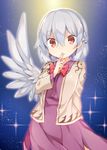  akagashi_hagane blue_background bow bowtie braid dress finger_to_mouth gradient gradient_background jacket kishin_sagume long_sleeves looking_at_viewer purple_dress red_eyes short_hair silver_hair single_wing smile solo sparkle touhou upper_body wings 