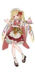  1girl :d alternate_costume apron black_sandals blonde_hair bow cake commentary enmaided fang flandre_scarlet food full_body holding holding_tray japanese_clothes kimono long_hair long_sleeves looking_at_viewer maid maid_headdress obi one_side_up open_mouth pink_bow pink_kimono red_eyes red_skirt ribbon ribbon-trimmed_sleeves ribbon_trim sandals sash simple_background skin_fang skirt smile socks solo swiss_roll tamagogayu1998 touhou tray wa_maid waist_apron white_apron white_background white_ribbon white_socks wide_sleeves wings yellow_sash 