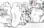  2016 5_toes ambiguous_gender anthro armpits ear_tuft feline foot_fetish foot_lick fur hair humanoid_feet hypnosis licking male male/ambiguous mammal mind_control monochrome nipples pecs saliva sebafox speech_bubble striped_fur stripes toes tongue tongue_out tuft 