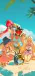  1boy 1other 3girls absurdres alice_thymefield alice_thymefield_(sea_of_thyme) animal animal_collar animal_ear_fluff animal_ears animal_on_back animal_on_shoulder arm_on_knee bangboo_(zenless_zone_zero) bare_shoulders beach belle_(summer_skies)_(zenless_zone_zero) belle_(zenless_zone_zero) belt bikini bikini_top_under_shirt bikini_under_clothes bikini_under_shorts bird black_hair black_nails blonde_hair blue_sky body_fur bracelet braid braided_twintails bucket_hat camera camera_around_neck closed_mouth cloud collar crying dog_boy dog_ears dress_swimsuit earrings elle_shengxuan_shi eyewear_on_head facial_mark fish_hat green_eyes green_shorts hair_between_eyes hair_ornament hair_ribbon hat hearing_aid heart heart-shaped_eyewear heart_facial_mark heterochromia highres jewelry kamanosuke_(zenless_zone_zero) komano_manato letter_hair_ornament long_hair looking_at_another low_twintails multicolored_hair multiple_girls multiple_scars muscular muscular_male nail_polish necklace ocean off-shoulder_shirt off_shoulder official_alternate_costume one-piece_swimsuit one_eye_closed open_mouth orange_bikini orange_shorts palm_tree panties pectorals penguinboo_(zenless_zone_zero) pink_one-piece_swimsuit rabbit_ears rabbit_girl raccoon red_eyes red_hair ribbon sand sand_writing scar scar_across_eye scar_on_chest scar_on_face see-through_clothes see-through_shirt shirt short_hair shorts sitting sky smile sphere_hair_ornament squatting stomach swim_ring swimsuit tanuki teeth thigh_strap tied_shirt toes tree twintails two-tone_one-piece_swimsuit ukinami_yuzuha ukinami_yuzuha_(tanuki_in_broad_daylight) underwear watch water white_one-piece_swimsuit white_panties white_ribbon wristwatch yellow_eyes zenless_zone_zero 