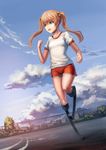  amputee blonde_hair chain-link_fence cloud day double_amputee fence green_eyes gym_shorts gym_uniform hair_bobbles hair_ornament highres ibarazaki_emi katawa_shoujo naoki_yukira open_mouth outdoors prosthesis red_shorts running shirt shorts sky solo twintails white_shirt 