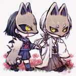  1boy 1girl black_hair black_serafuku black_skirt black_socks bleeding blood chibi flower fox_hinako fox_mask fox_mask_(silent_hill) grey_background highres holding_hands japanese_clothes long_hair mask mismatched_arms pleated_skirt ponytail school_uniform serafuku shimizu_hinako shion-1115 silent_hill_(series) silent_hill_f simple_background skirt socks spider_lily spoilers watermark white_hair yellow_eyes 