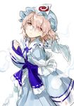  arm_ribbon bangs blue_dress cowboy_shot dress eyes_visible_through_hair hat hitodama juliet_sleeves long_sleeves looking_at_viewer mob_cap pink_eyes pink_hair puffy_sleeves ribbon saigyouji_yuyuko sash seeker solo touhou triangular_headpiece veil wide_sleeves 