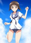  bare_feet brown_eyes brown_hair miyafuji_yoshika short_hair smile solo strike_witches sukeberosu swimsuit_under_clothes 