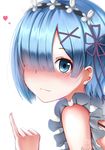  2016 blue_eyes blue_hair blush dated ginhaha hair_ornament hair_over_one_eye heart light_smile looking_at_viewer maid maid_headdress pinky_out re:zero_kara_hajimeru_isekai_seikatsu rem_(re:zero) short_hair signature simple_background solo white_background x_hair_ornament 