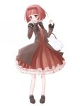  1girl akai_ringo_(ookami-san) ankle_socks basket black_bow black_bowtie black_shoes blunt_bangs blush bob_cut bow bowtie brown_coat brown_hairband closed_mouth coat collared_shirt commentary_request dress elbow_carry finger_to_cheek full_body hairband hands_up head_tilt holding holding_basket lapels loafers long_sleeves looking_at_viewer ookami-san open_clothes open_coat partial_commentary petticoat pigeon-toed pleated_dress raised_eyebrows red_dress red_eyes red_hair sakuna shirt shoes short_hair simple_background sleeves_past_wrists smile socks solo standing turning_head white_background white_shirt white_socks wrist_cuffs 